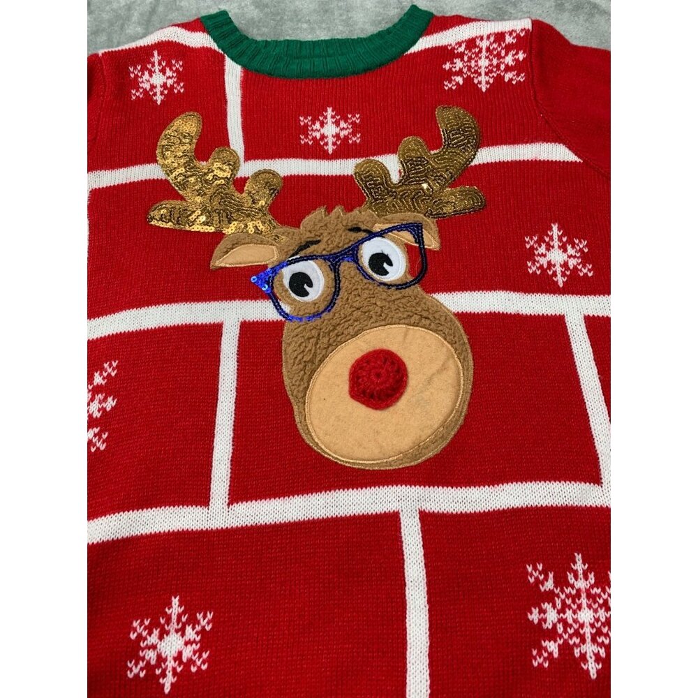 Christmas Reindeer Sweater Boys Large 10-12 Red Green Snowflake Holiday Time Cut - Picture 4 of 11